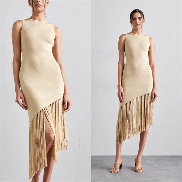 Sandro hantas metallic gold fringe hem knit midi asymmetrical dress - Picture 1 of 10